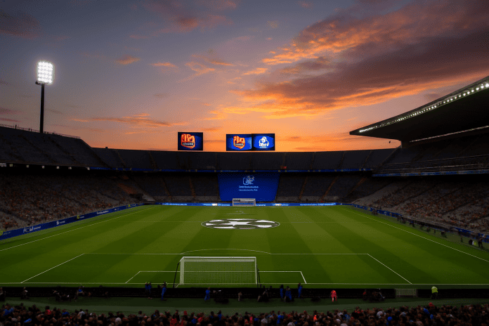 Upplyst fotbollsstadion i solnedgång inför Champions League-semifinal mellan Barcelona och Inter, vy från läktaren, utan logotyper.