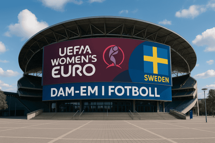 Arena för Dam-EM 2025 med svensk flagga och UEFA Women's Euro-banner