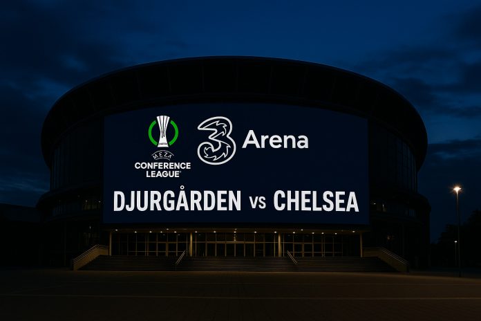 Upplyst arena i skymning inför UEFA Conference League-semifinalen mellan Djurgården och Chelsea på 3 Arena.