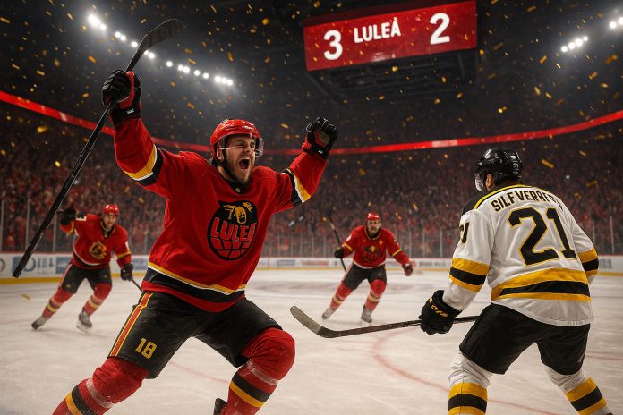 Luleåspelare jublar efter mål mot Brynäs i en avgörande SM-final med publiken i extas och konfetti i luften.