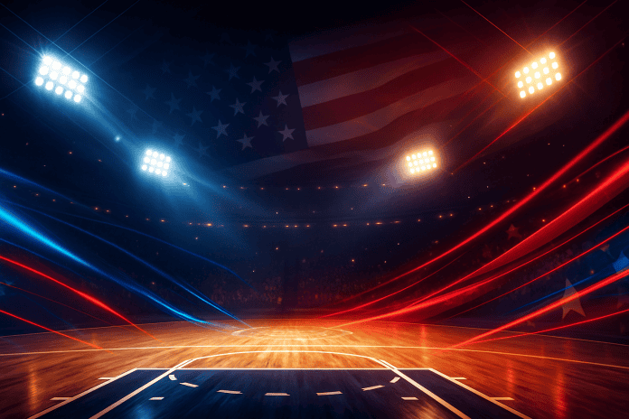 Inomhusbild av en professionell basketarena med dramatisk belysning och patriotisk känsla inför NBA- och NHL-slutspelet 2025.