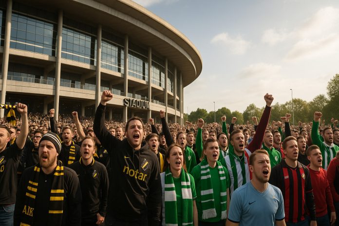 Supporterpublik utanför en svensk fotbollsarena inför match i Allsvenskan 2025, AIK-fans och andra supportrar i fokus