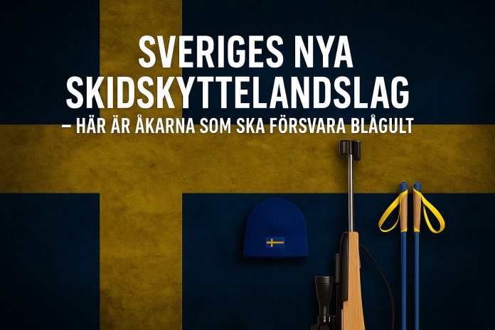 Skidskytteutrustning mot svensk flagga med texten 