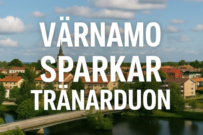 Vy över Värnamo stad med grafik om tränarbyte 2025 i Allsvenskan.