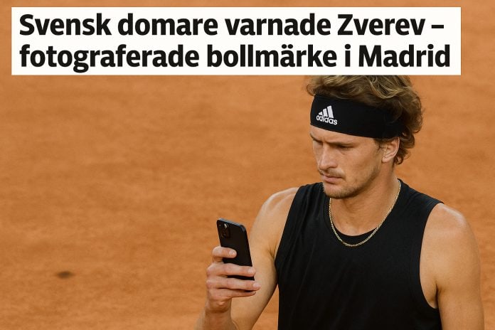 Alexander Zverev fotograferar ett bollmärke på grusbanan under Madrid Open 2025.