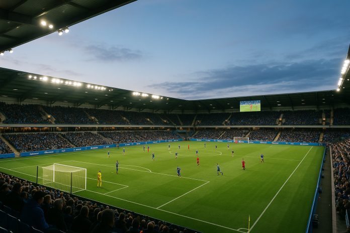 Fotorealistisk bild av en fotbollsmatch i kvällsljus på en modern arena med fullsatta läktare