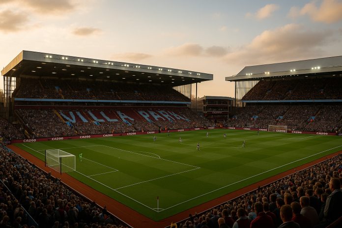 Fotorealistisk vy över Villa Park i kvällsljus under Premier League-match