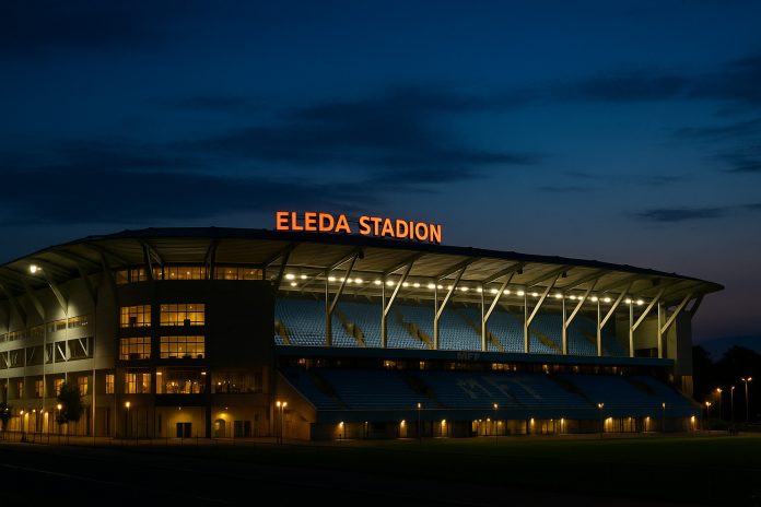 Eleda Stadion i kvällsljus inför Malmö FF mot AIK i Allsvenskan