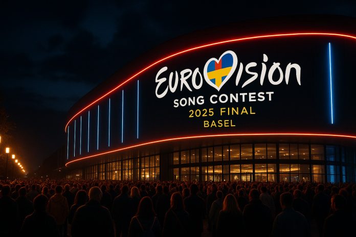 Publik utanför arenan inför Eurovision 2025-finalen i Basel med upplyst fasad