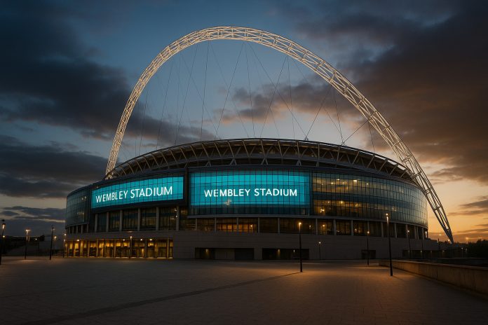 Speltips Manchester City Crystal Palace – fotorealistisk bild av Wembley Stadium i kvällsljus