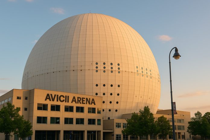 Speltips Sverige Slovenien – fotorealistisk bild av Avicii Arena i kvällsljus