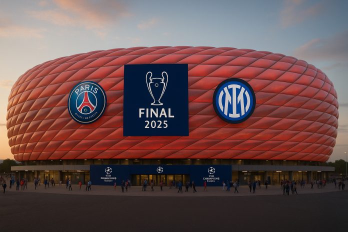 Fotorealistisk bild av Allianz Arena inför Champions League-finalen 2025 mellan PSG och Inter.