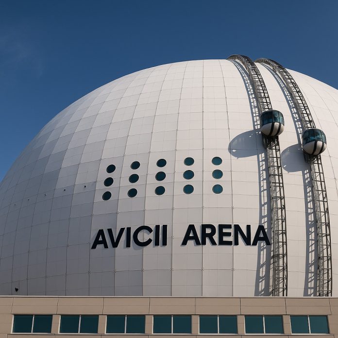 Avicii Arena i Stockholm fotograferad i klart väder inför VM-semifinal i ishockey