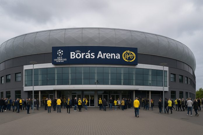 Fotorealistisk bild av utsidan av Borås Arena inför Elfsborg–Hammarby i Allsvenskan