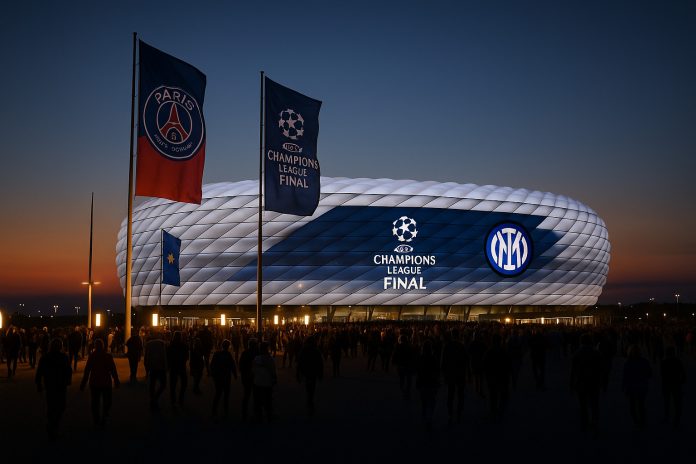 Allianz Arena vid solnedgången med flaggor inför Champions League-finalen mellan PSG och Inter