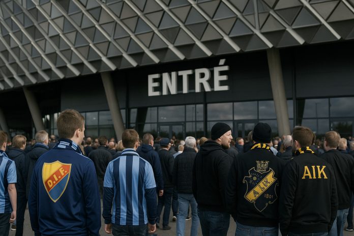 Supporters från Djurgården och AIK samlas utanför arenan inför derbyt i Allsvenskan 2025
