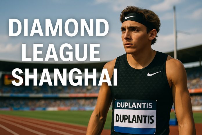 Armand Duplantis i friidrottsarena med texten 'Diamond League Shanghai' i förgrunden.