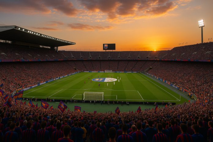 Publikfylld stadion i solnedgång inför El Clásico mellan Barcelona och Real Madrid