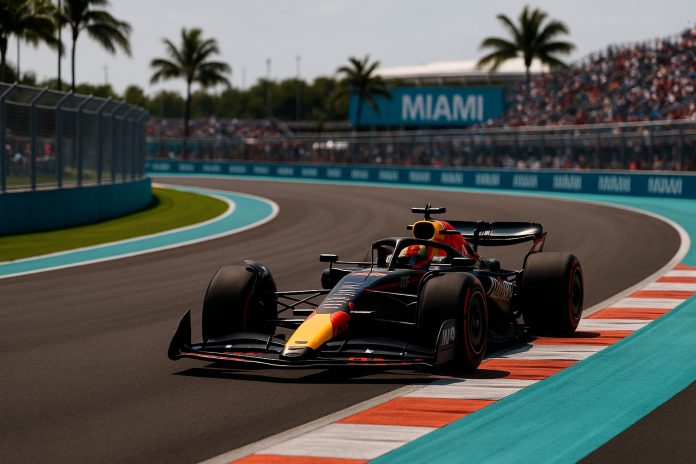 Formel 1-bil kör i hög fart genom kurva på Miami-banan med publik, palmer och tydlig MIAMI-skylt i bakgrunden