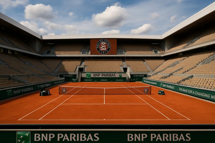 Center court på Roland Garros inför Franska öppna 2025 herrsingel