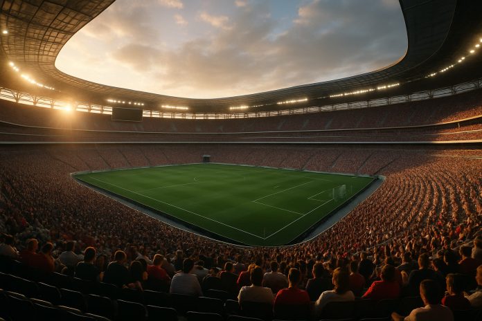 Fotorealistisk bild på fullsatt fotbollsarena i solnedgång under Klubblags-VM 2025