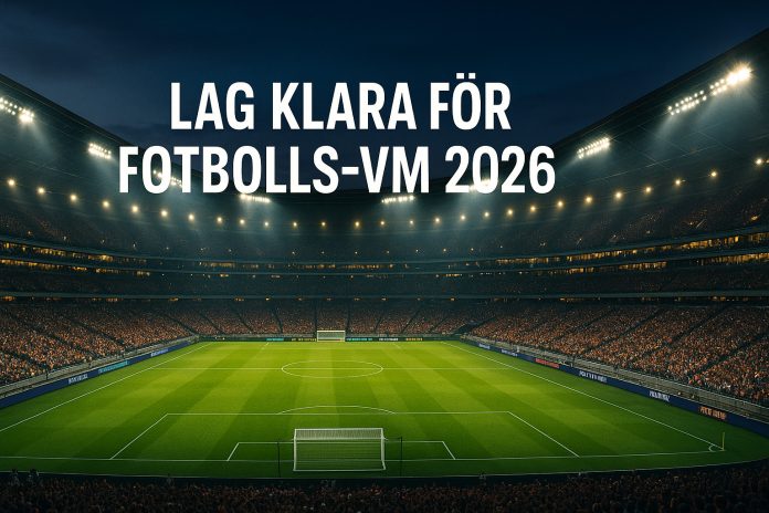 Upplyst VM-arena i kvällsljus med texten 