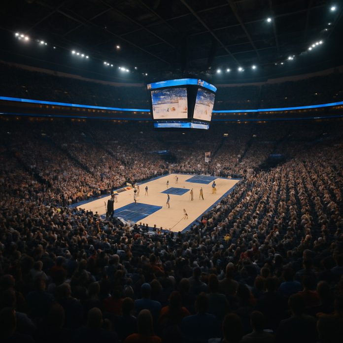 Basketmatch i fullsatt amerikansk arena med dramatisk ljussättning och storbildsskärm