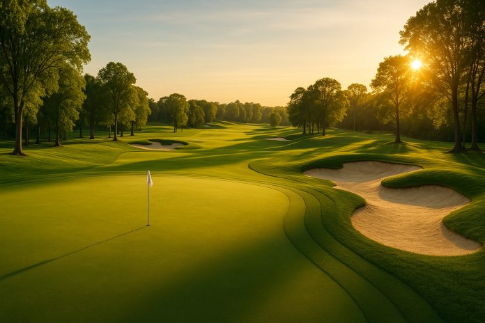 Solen går ner över en golfbana med green, bunkrar och träd inför PGA Championship 2025