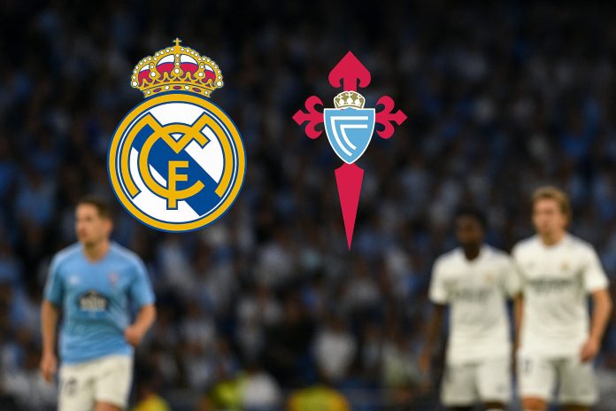Logotyper för Real Madrid och Celta Vigo med suddiga spelare i bakgrunden under en La Liga-match.