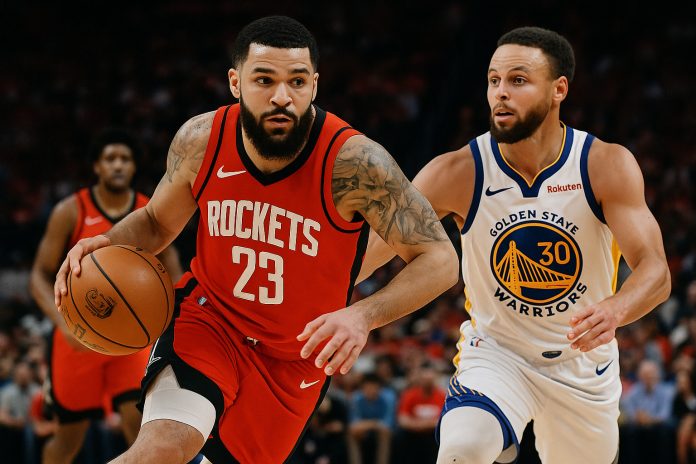 Fred VanVleet från Houston Rockets dribblar mot Golden State Warriors-stjärnan Stephen Curry under en intensiv NBA-slutspelsmatch