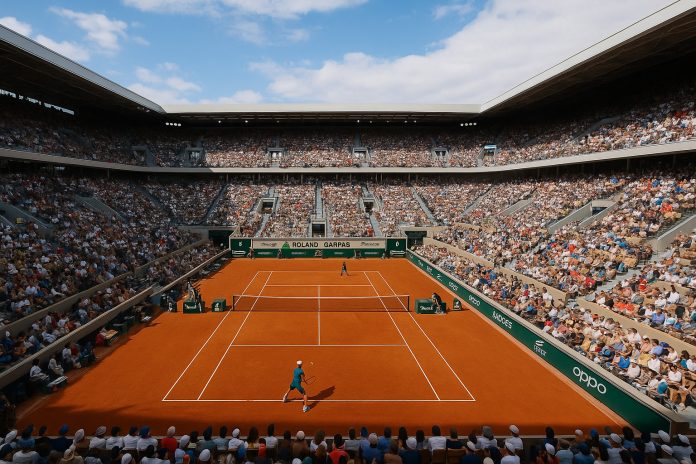 Philippe-Chatrier Court under Franska öppna 2025 med fullsatta läktare och pågående match