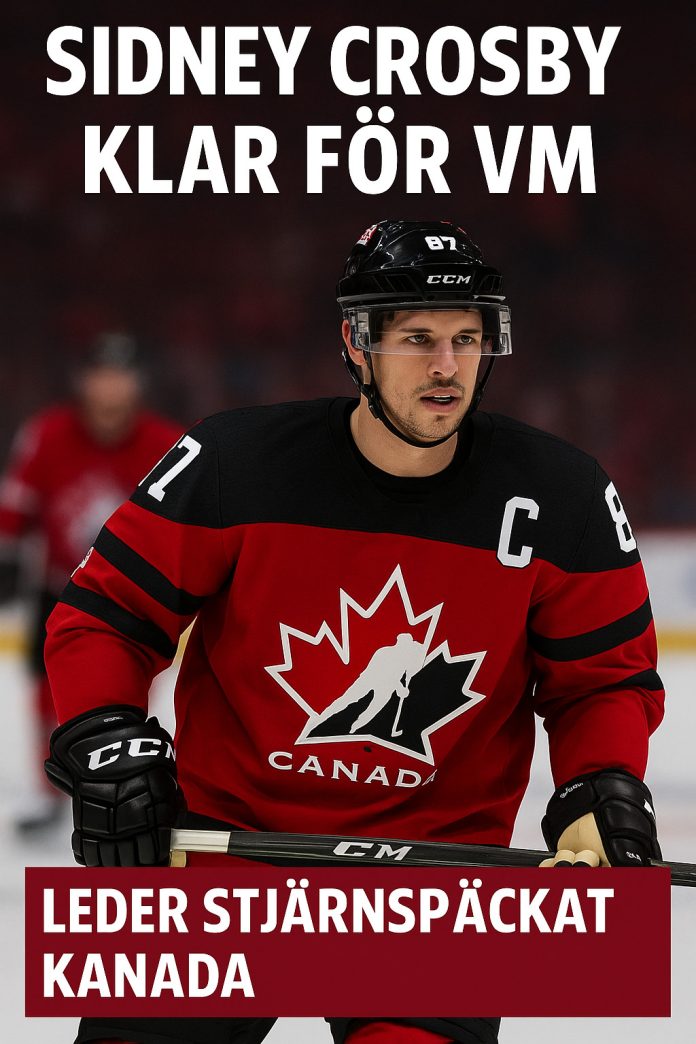 Sidney Crosby i Kanadas röda landslagströja under Hockey-VM, med texten 