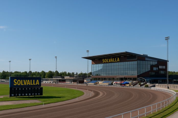 Vy över Solvallas travbana med huvudläktare under klarblå himmel