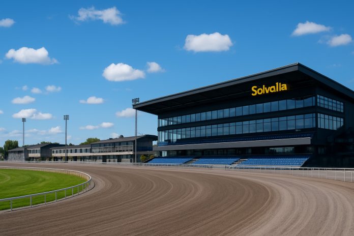Solvalla travbana med vy mot sväng och huvudläktare under blå himmel