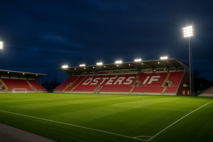 Speltips Öster GAIS – fotorealistisk bild av Visma Arena i kvällsljus