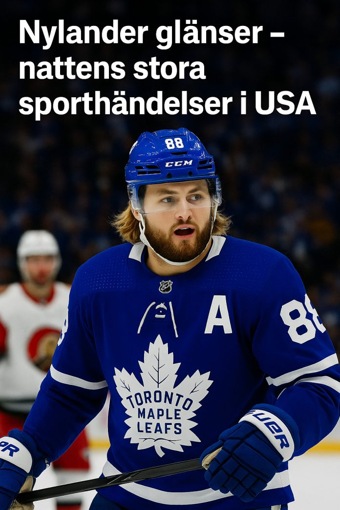 William Nylander i Toronto Maple Leafs-tröja under NHL-match – text: 