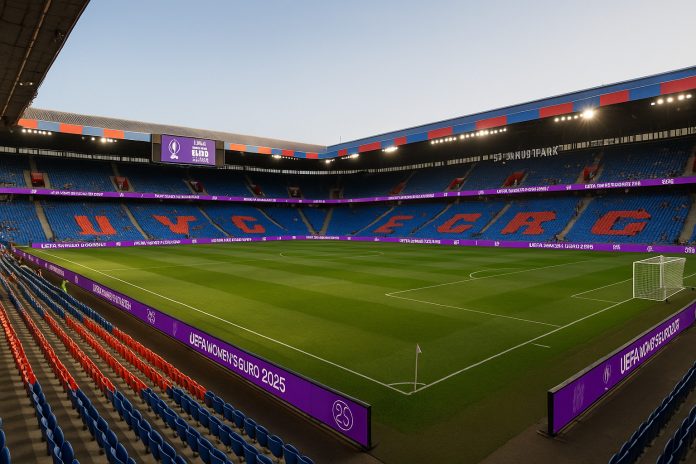 Vy över St. Jakob-Park i Basel inför damernas fotbolls-EM 2025