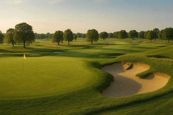 Golfbana i solnedgång med fairway, green och bunkrar – inspirerad av Oakmont inför US Open 2025