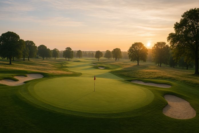 Fotorealistisk bild av golfbana i soluppgång, med greener, bunkrar och fairways som liknar Oakmont.