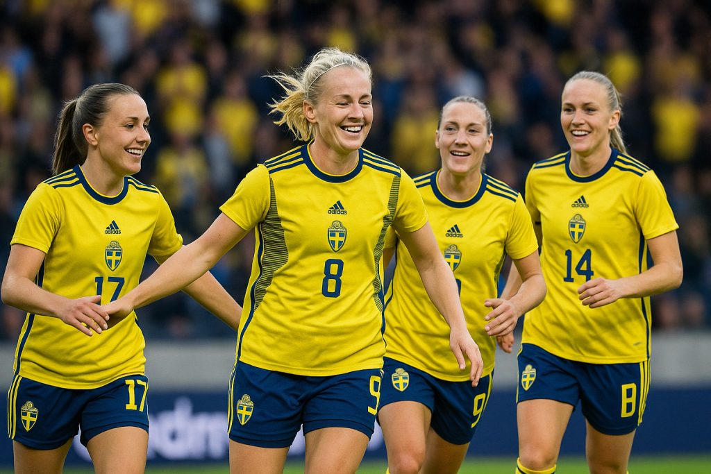 Sveriges damlandslag firar mål i landskamp.