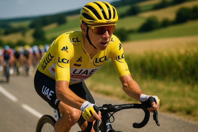 Tadej Pogačar i gul ledartröja under Tour de France 2025.