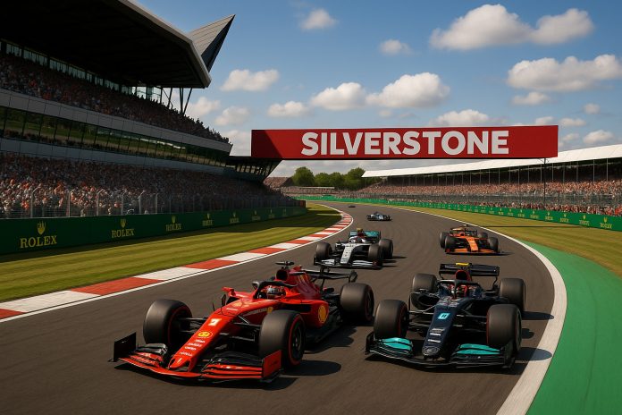 Formel 1-bilar i hög fart genom en kurva på Silverstone under ett fullsatt lopp