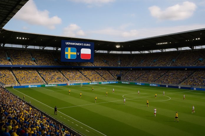 Sverige mot Polen i EM 2025 – fullsatt arena inför gruppspelsmatchen.