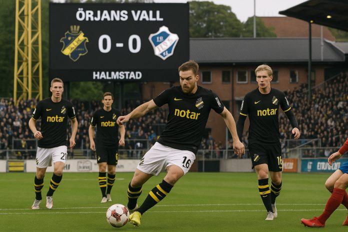 AIK-försvarare i aktion på Örjans Vall mot Halmstad i Allsvenskan.