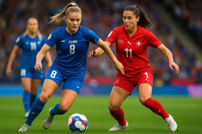 Spelare från Schweiz och Island i närkamp under damernas EM 2025