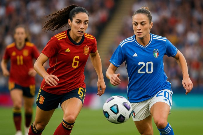 Spelare från Spanien och Italien i duell under EM-match 7 juli