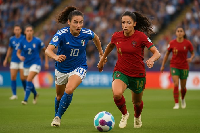 Italiensk och portugisisk spelare i närkamp under EM-match i damfotboll