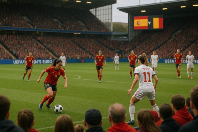 Spaniens damlandslag i EM-match mot Belgien, spelare med boll nära sidlinjen