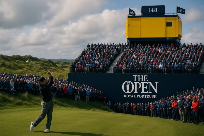 Spelare slår ut inför publik på The Open 2025 på Royal Portrush.