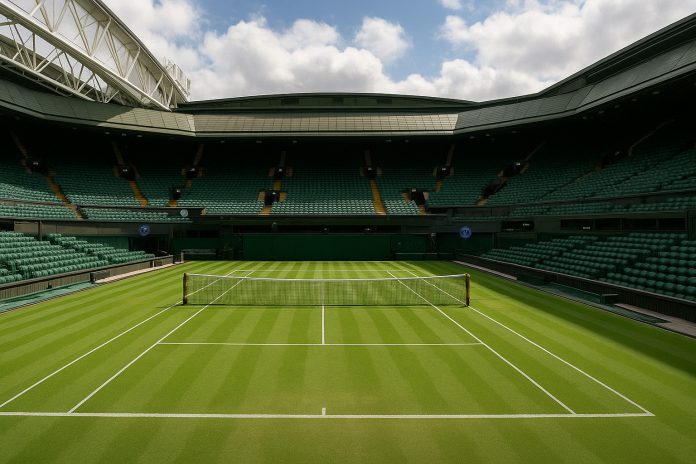 Centre Court i Wimbledon – tom gräsplan inför semifinalen mellan Sinner och Djokovic 2025